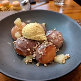 glazed doughnuts, apple, popped sorghum streusel, miso caramel ice cream