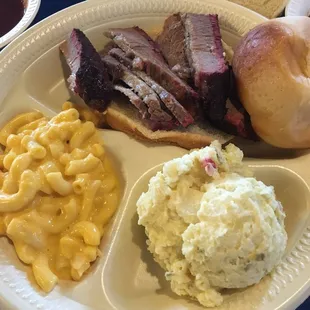 Brisket sandwich plate. Mac and regular potato salad