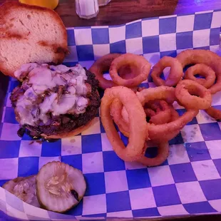 Mushroom Swiss burger with onion rings