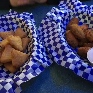 Poppers and Mac n cheese bites. Made fresh and super hot. Yummy