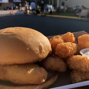 Cod sandwich. Fun place. Live music outside during pandemic.