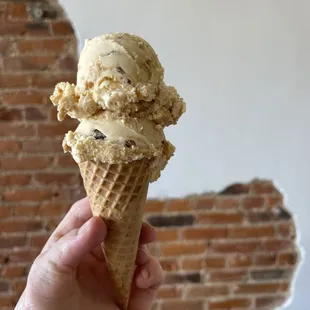 Ice cream in a sugar cone.