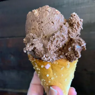Hard Dip ice cream in a pretzel cone.