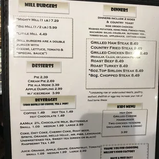 Dinner menu