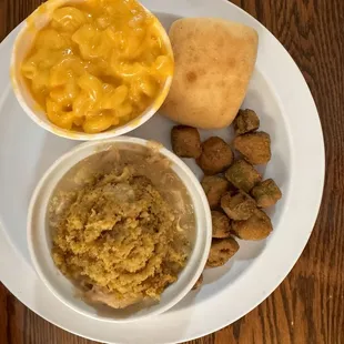 Chicken &amp; dressing, Mac &amp; cheese, &amp; fried okra