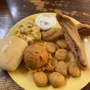fried catfish, squash casserole, sweet potato casserole, and corn nuggets