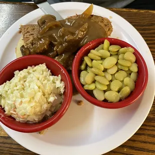 open faced meatloaf sandwich, coleslaw, lima beans