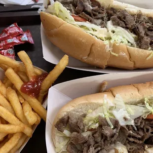 Two small steak hoagies and French fries