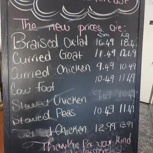 prices on the menu