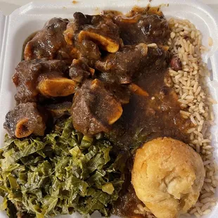 Oxtail, sweet bread and collard greens
