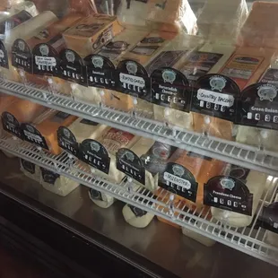 a display of cheeses
