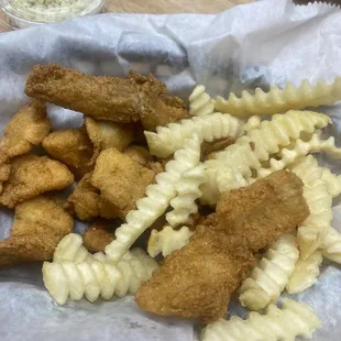 Fresh Popcorn Shrimp with French fries and Tator Tots
