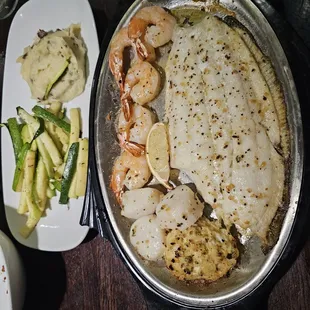 Fisherman&apos;s platter.  Broiled seafood.  And my choice of two sides.