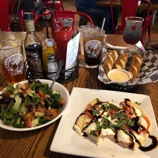 House salad, caprese flatbread, pretzels and beer cheese with Oktoberfest and Red, White and Blue sangria!