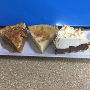 Apple pie, sugar cream pie, chocolate pie
