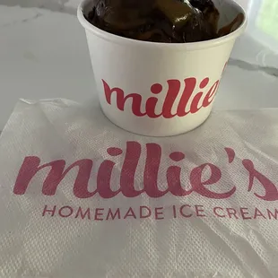 Brownie batter ice cream with half caramel and half chocolate sauce