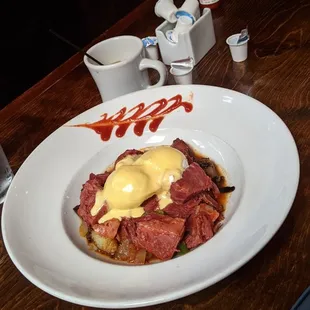 Corned beef hash a little spicy with huge chunks of corned beef