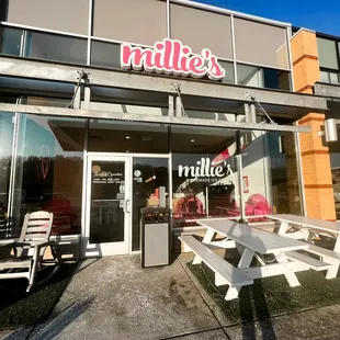 The outside of our South Fayette scoop shop on a cold, winters day. Outdoor seating is much more fun in the summer, of course!