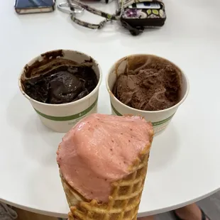 Strawberry sorbet, dairy free brownie batter, chocolate