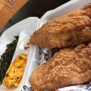 Fried fish mac n cheese and greens