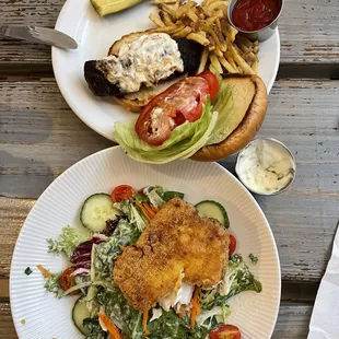 The top picture is the blackened fish sandwich and the bottom picture is my salad with the fish of the day fried on top.
