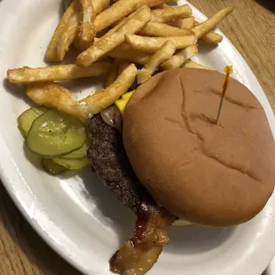 a hamburger and french fries