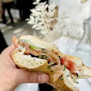 Disassembled Salmon Bagel Sandwich