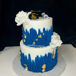 a blue and white wedding cake