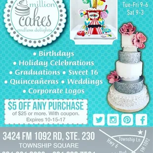 Million Cakes offers custom cakes for all events.. Use this coupon in store to receive $5 dollars.. Must be presented in store,