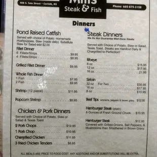 Mills Steak &amp; Fish Menu