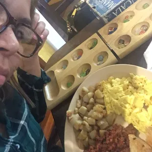 Chorizo potatoes and egg with no wrap side of toast