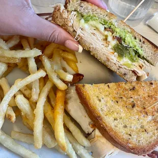 a plate of french fries and a turkey sandwich