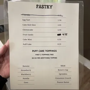 Pastry menu