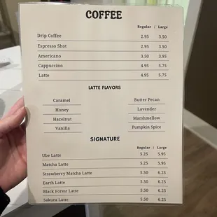 Coffee menu
