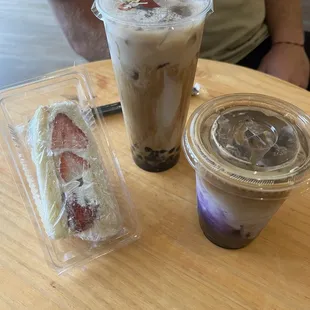 Strawberry Sando, caramel milk tea boba, ube latte with boba