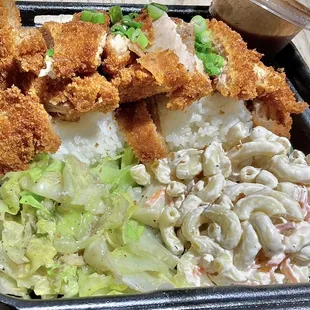 Katsu Chicken Combo has steamed rice, cabbage &amp; macaroni salad. A favorite, pretty good!