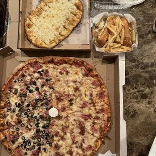 a pizza and french fries