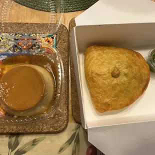 Flan and beef potato empanada