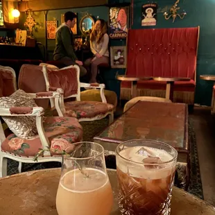 a table with a drink on it