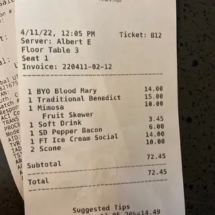 Our bill for an extravagant brunch for two