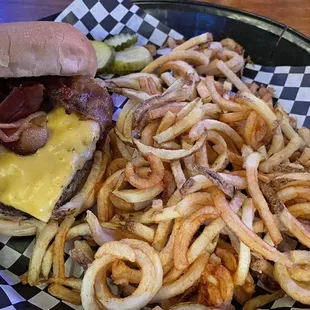 Bacon cheeseburger with fresh cut Susie cue fries