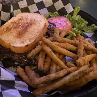 Rib eye sandwich and fried green beans