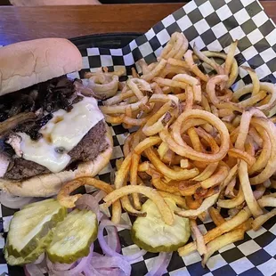 Mushroom Swiss burger with fresh cut Susie cue fries