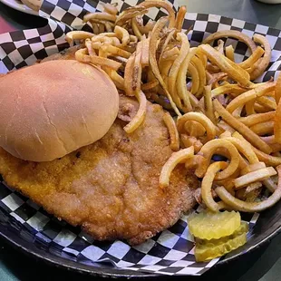 Pork tenderloin sandwich and fresh cut Susie Q fries