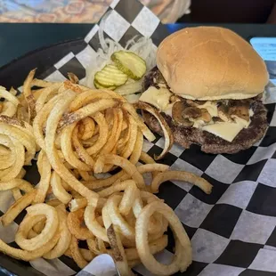 Mushroom Swiss burger and fresh cut curly cue fries