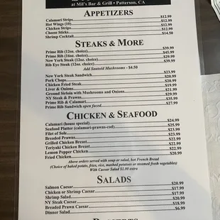 Saturday steakhouse menu