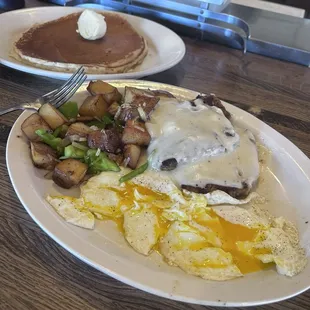 A very good pancake chicken, fried steak country potatoes with bell pepper and onions eggs are easy