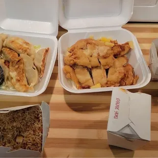 Pot stickers. Sweet and sour chicken, egg rolls, pork fried rice.