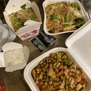 Kung Pao Chicken vegetable fried rice Vegetable Chow Mein with Pan Fried Noodle and a side of steam rice