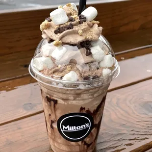 Homemade chocolate whipped cream and tasty toppings on this blended Manzanita Mocha.
